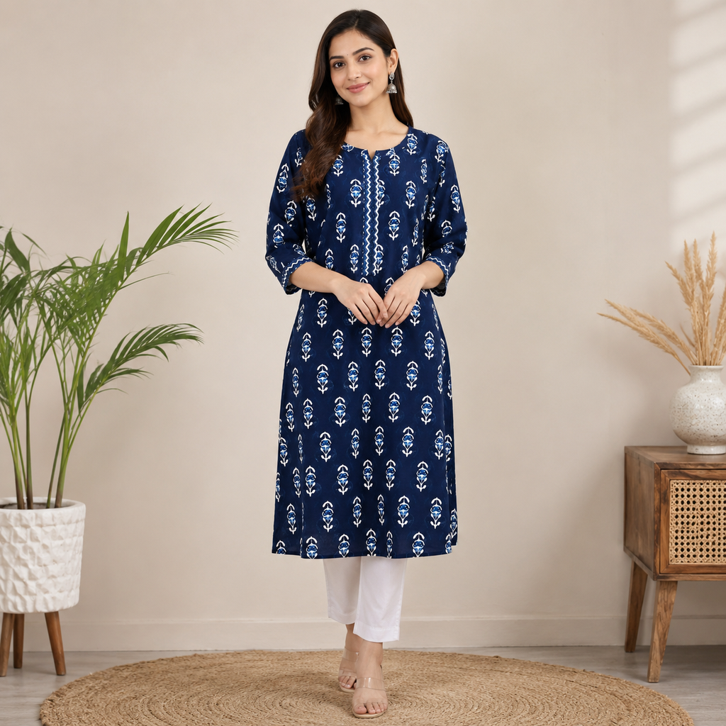 Women Printed Straight Kurta & Pant Set (Navy Blue)