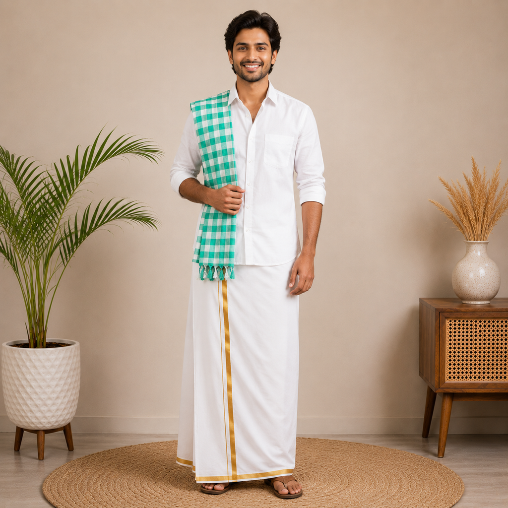 Men Checkered Cotton Gamcha (Green & White)