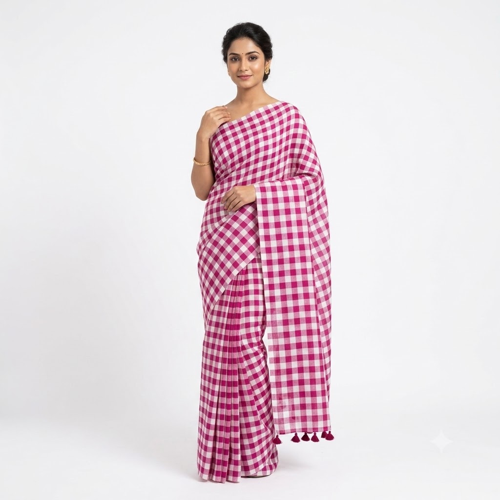 Pink Check Cotton Saree