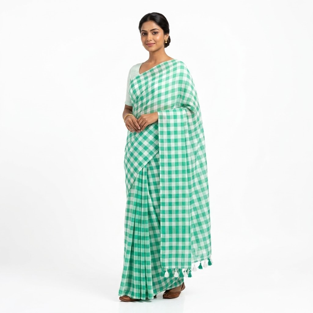 Sea Green Check Handloom Saree