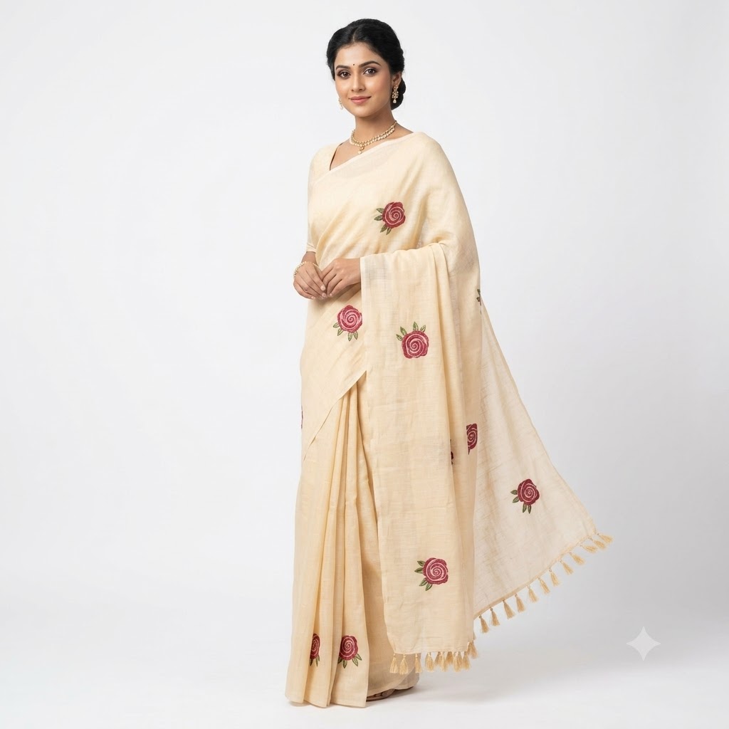 Cream Floral Motif Chiffon Saree