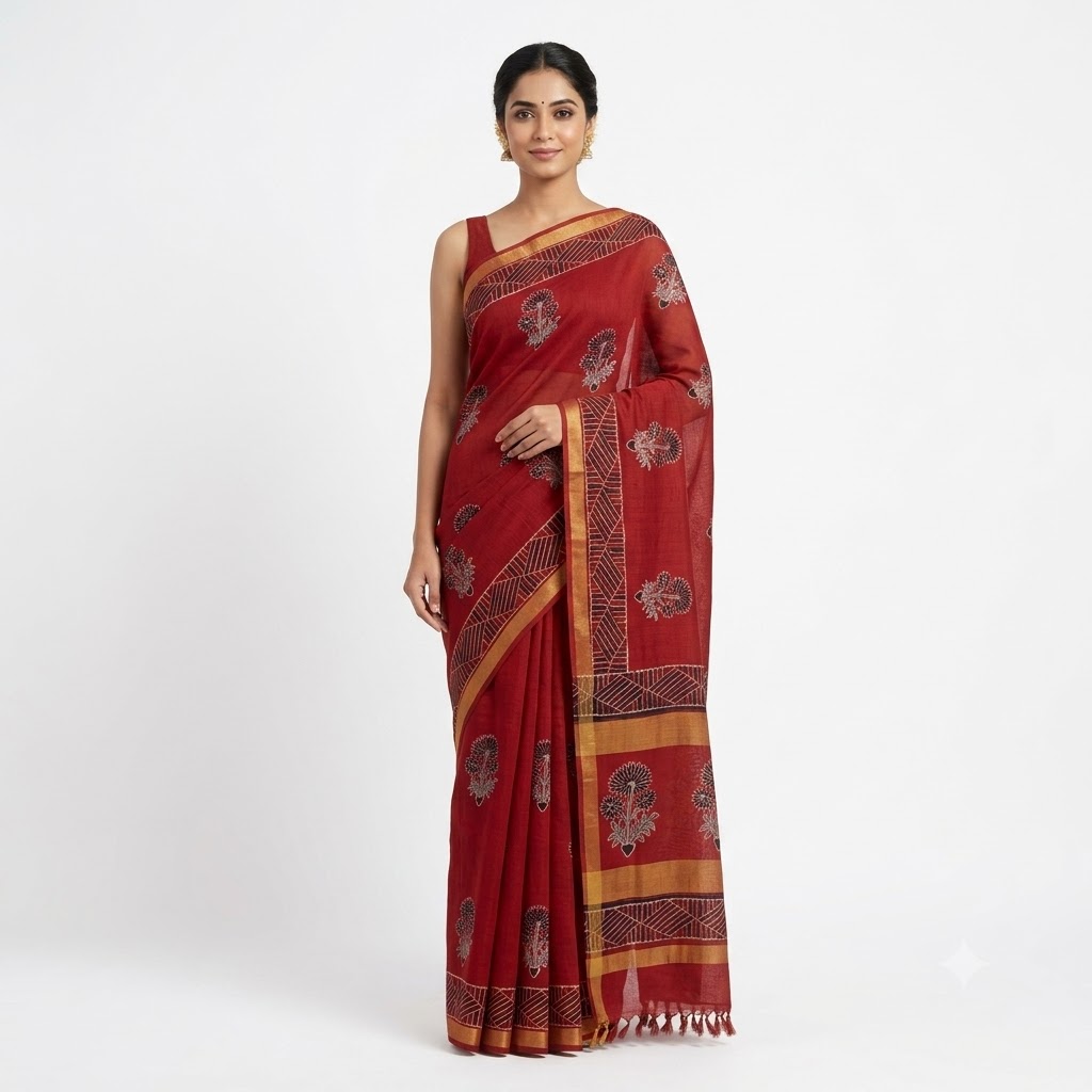 Maroon Crimson Zari Motif Saree