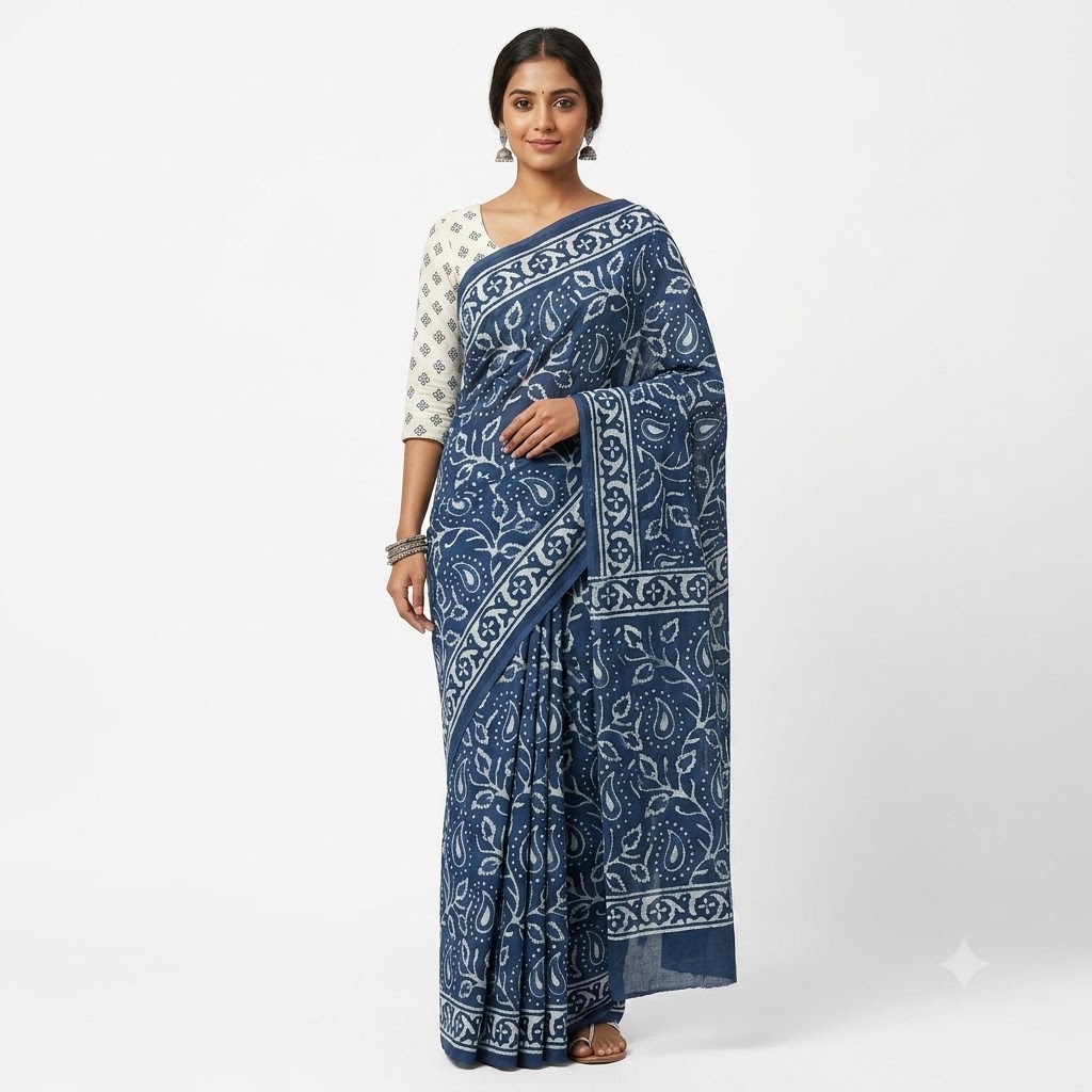 Royal Indigo Hand-Block Printed Cotton Saree
