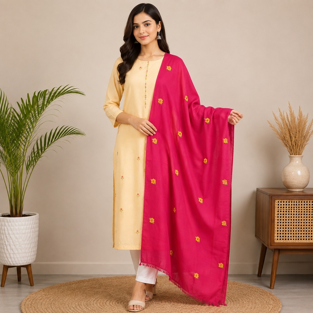 Yellow Cotton Kurta Set with Pink Dupatta for Women