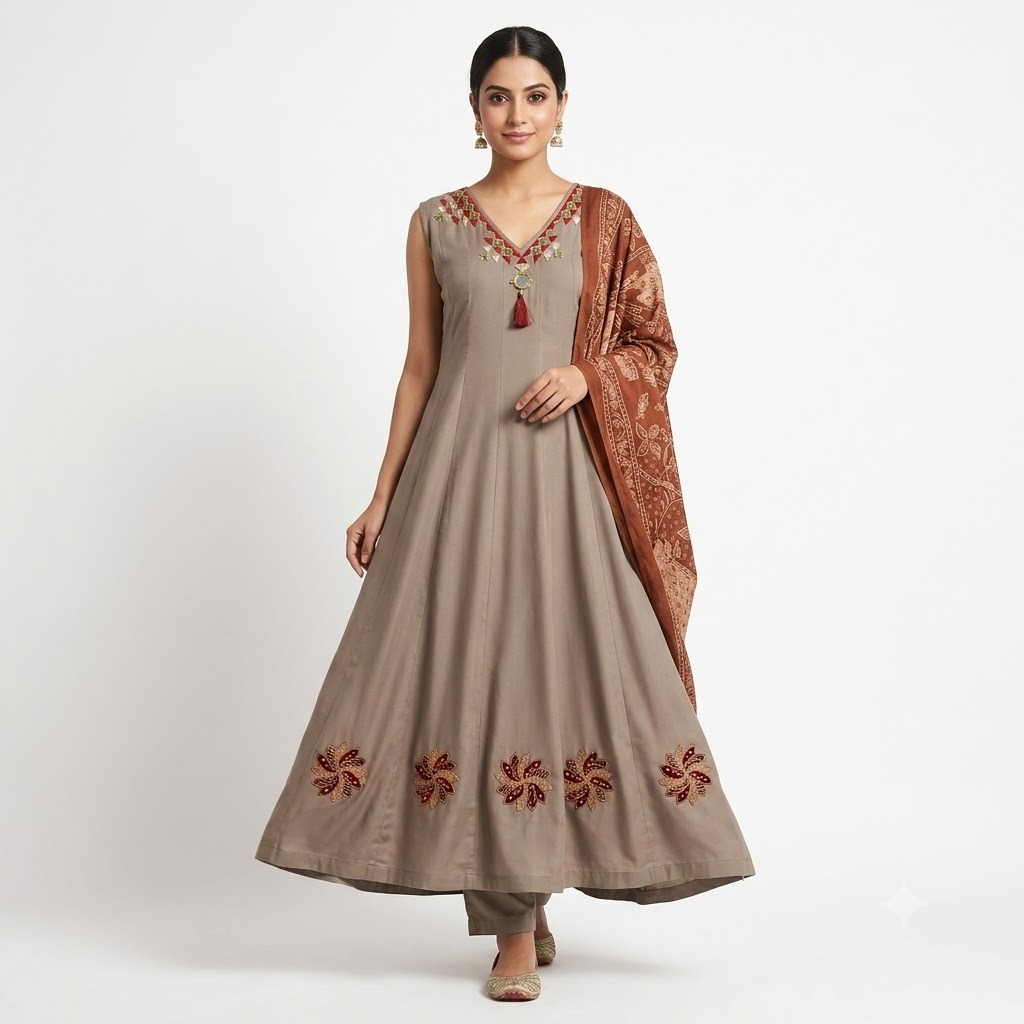 Grey Flared Anarkali Suit Set