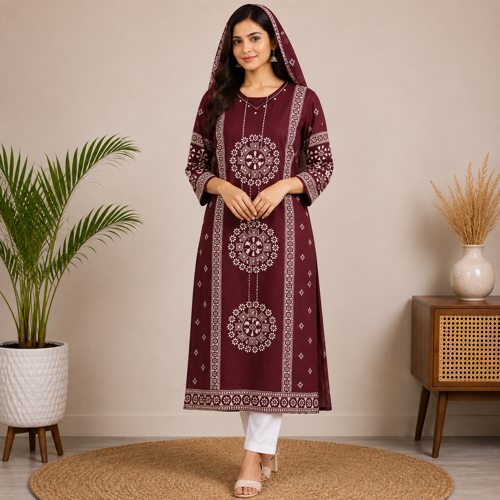 Wine Red Floral Kurti with White Pant - Casual & Party Wear