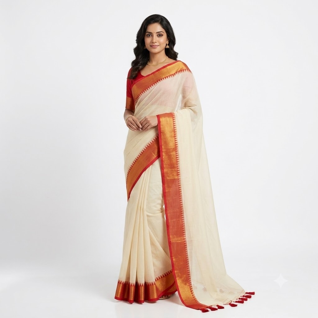 Pearl White Classic Saree with Contrast Border