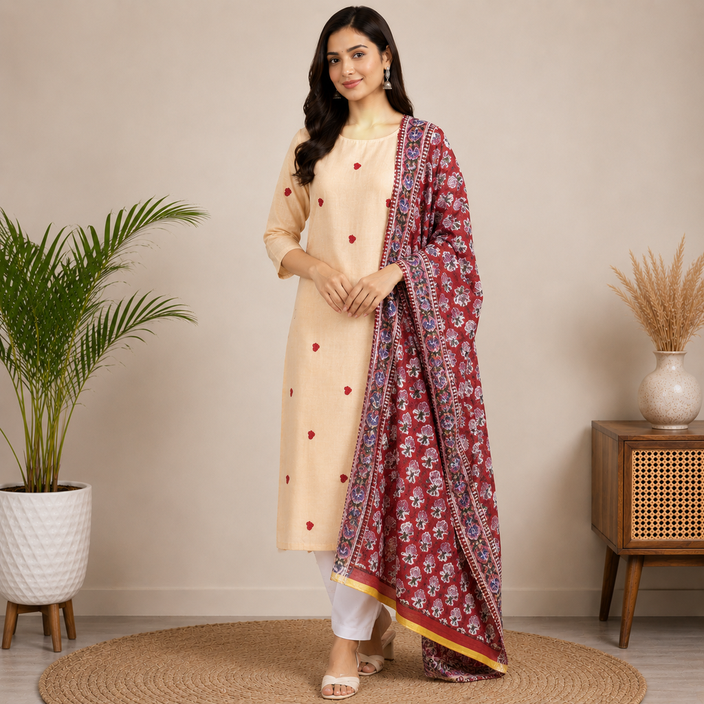 Light Pink Straight Kurta Pant Set with Dupatta for Women