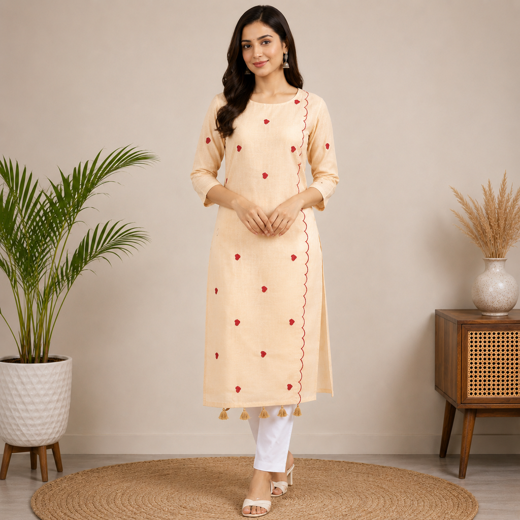 Beige Floral Embroidered Straight Kurta Pant Set for Women