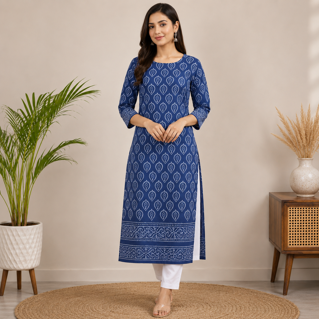 Women Printed Straight Kurta & Pant Set (Indigo Blue)
