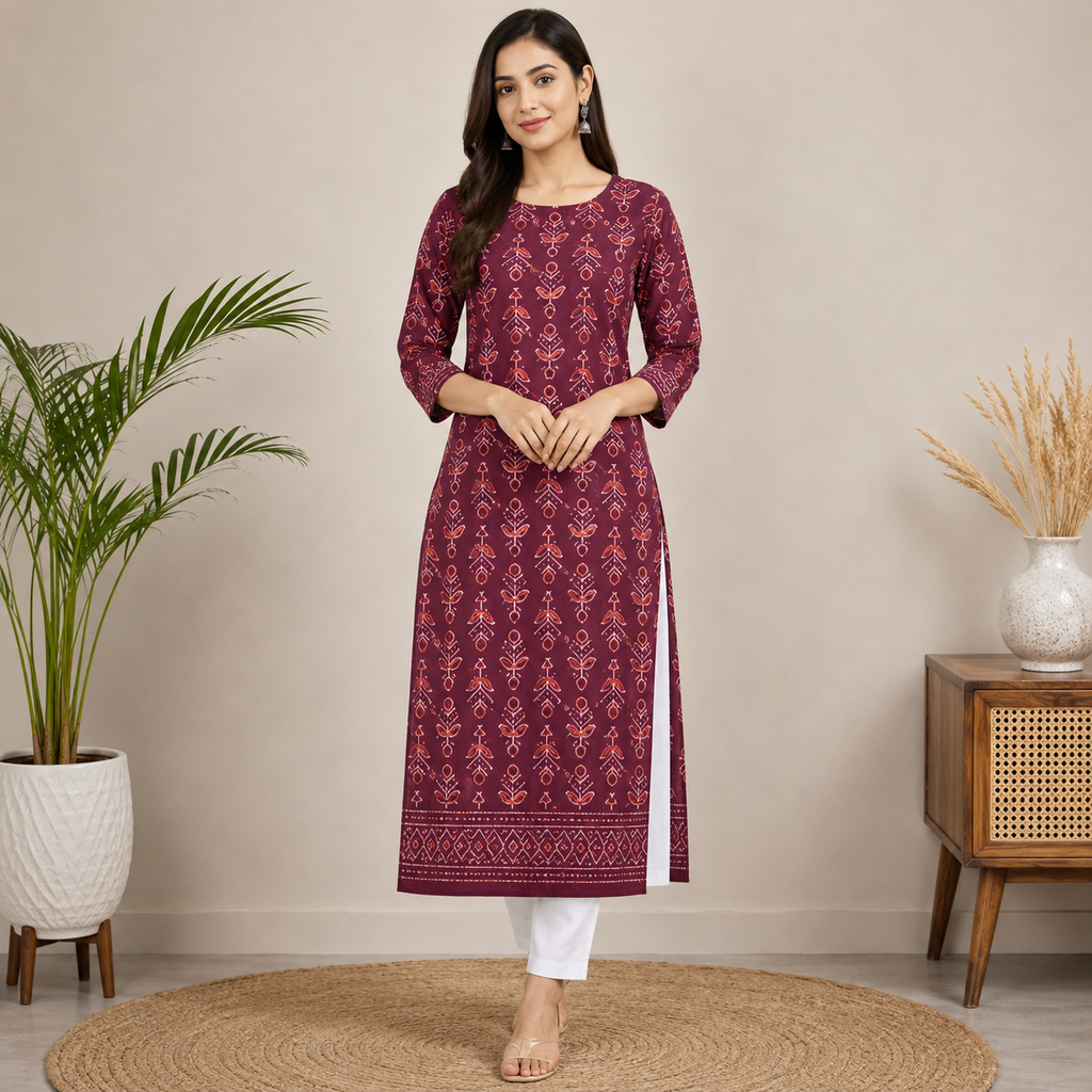 Women Printed Straight Kurta & Pant Set (Maroon)