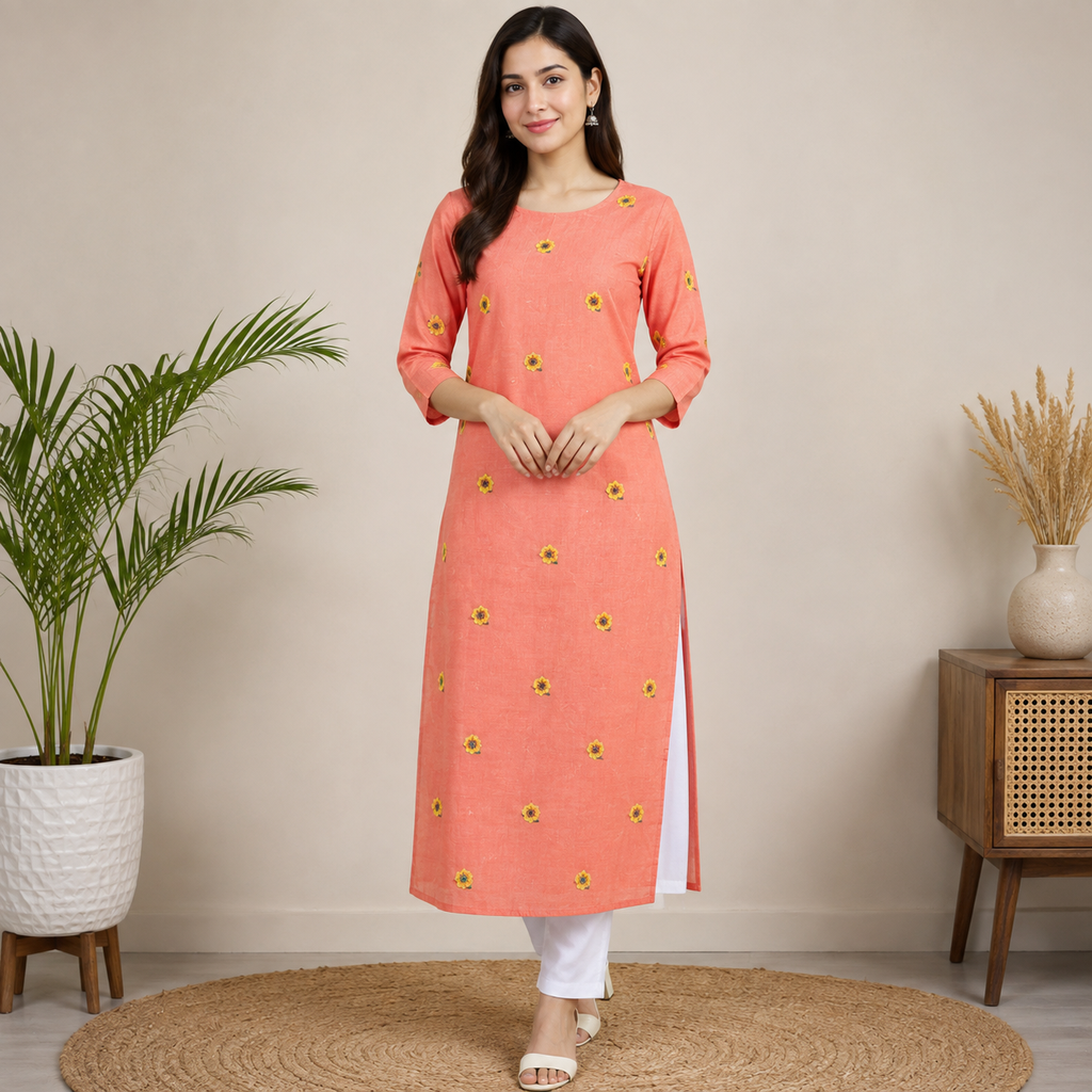 Women Floral Embroidered Straight Kurta & Pant Set (Peach)